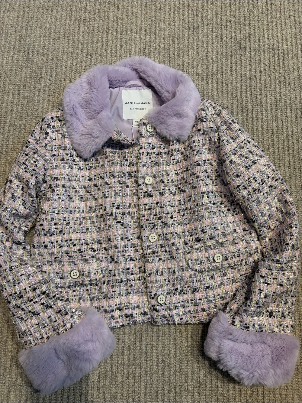 Janie and Jack Lavender Tweed Jacket with Faux Fur Collar and Cuffs - NWT - 7/8